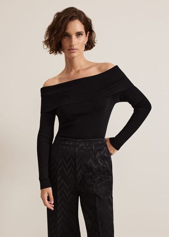 Phase Eight Nya Fine Bardot Knitwear Black USA | 9654037-HF